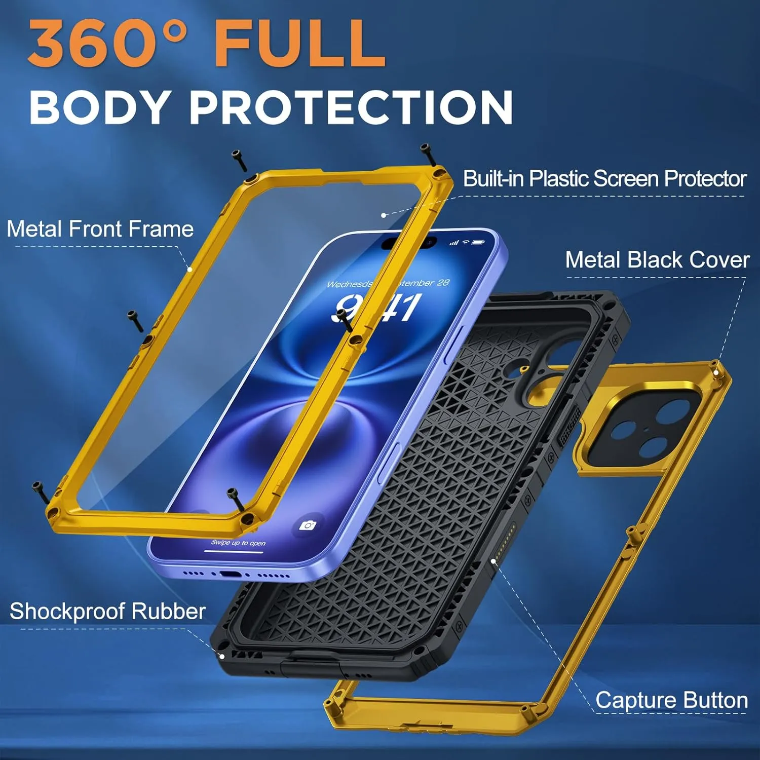 Beasyjoy for iPhone 16 Case Waterproof, Metal Heavy Duty Full Body Protective Case with Built-in Screen Protector, Military Grade Shockproof Dustproof Defender Rugged Cover for iPhone 16 6.1" Yellow