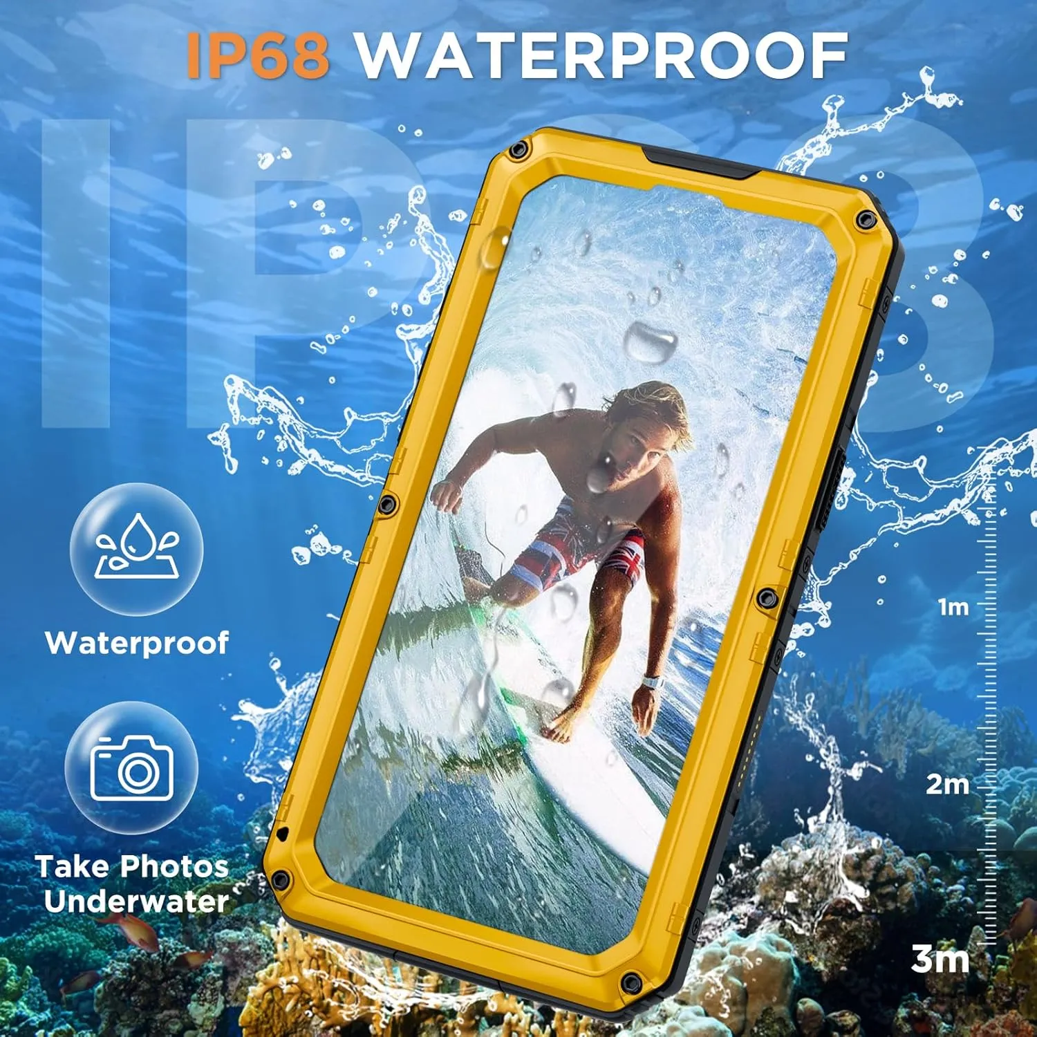 Beasyjoy for iPhone 16 Case Waterproof, Metal Heavy Duty Full Body Protective Case with Built-in Screen Protector, Military Grade Shockproof Dustproof Defender Rugged Cover for iPhone 16 6.1" Yellow