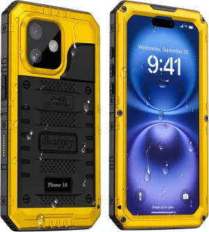 Beasyjoy for iPhone 16 Case Waterproof, Metal Heavy Duty Full Body Protective Case with Built-in Screen Protector, Military Grade Shockproof Dustproof Defender Rugged Cover for iPhone 16 6.1" Yellow