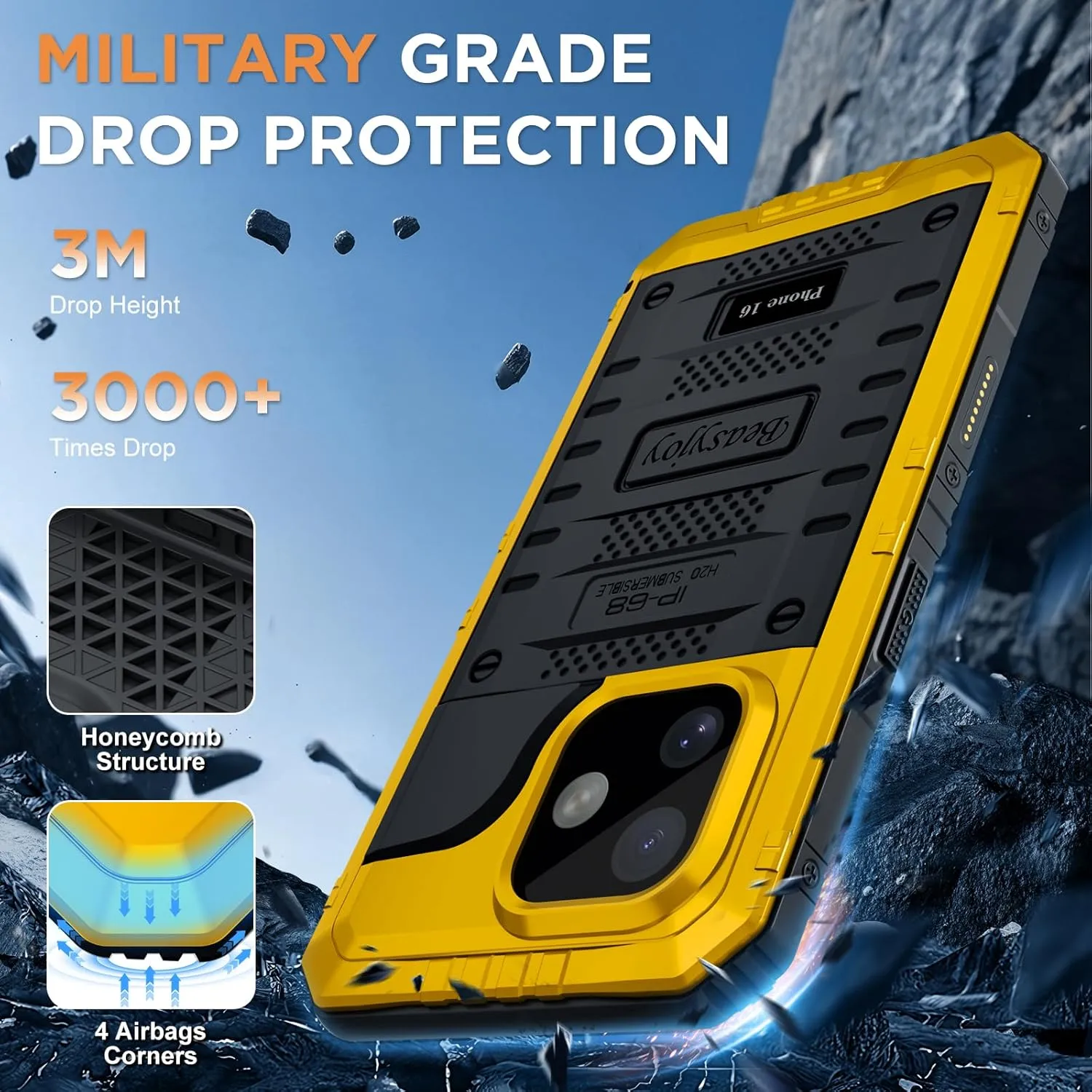 Beasyjoy for iPhone 16 Case Waterproof, Metal Heavy Duty Full Body Protective Case with Built-in Screen Protector, Military Grade Shockproof Dustproof Defender Rugged Cover for iPhone 16 6.1" Yellow