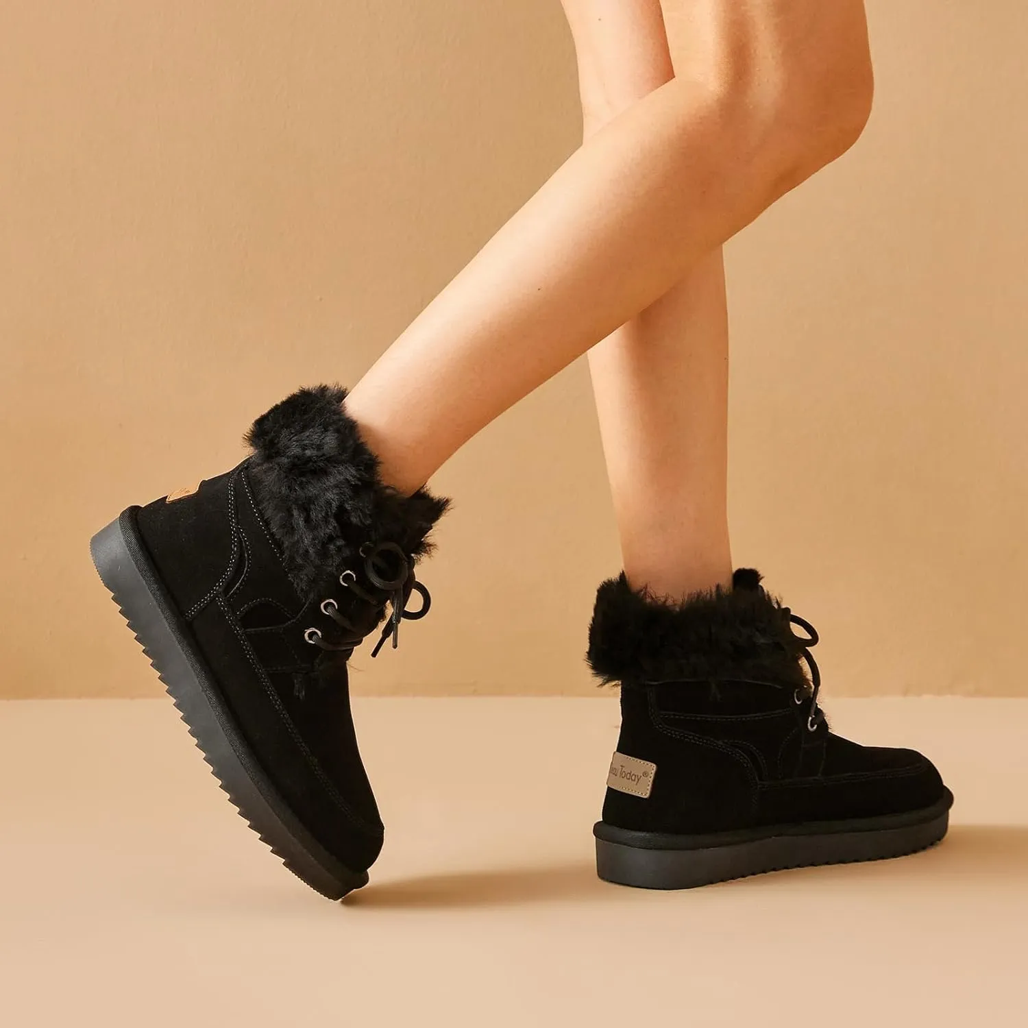 BEAU TODAY Womens Winter Snow Boots, Fur Lined Ankle Booties for Women, Chunky Platform Lace-up Boots Shoes Suede Leather Non-slip Warm Winter Shoes
