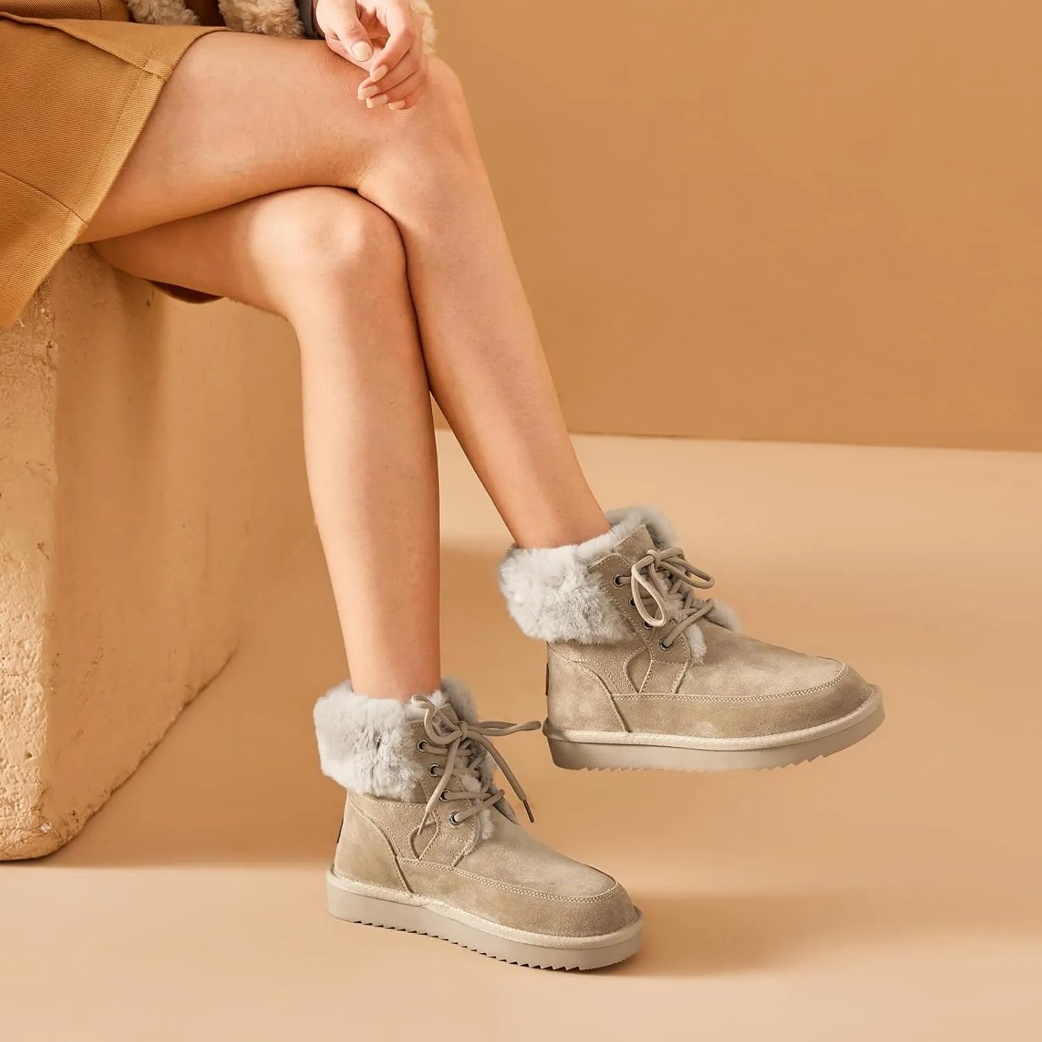BEAU TODAY Womens Winter Snow Boots, Fur Lined Ankle Booties for Women, Chunky Platform Lace-up Boots Shoes Suede Leather Non-slip Warm Winter Shoes