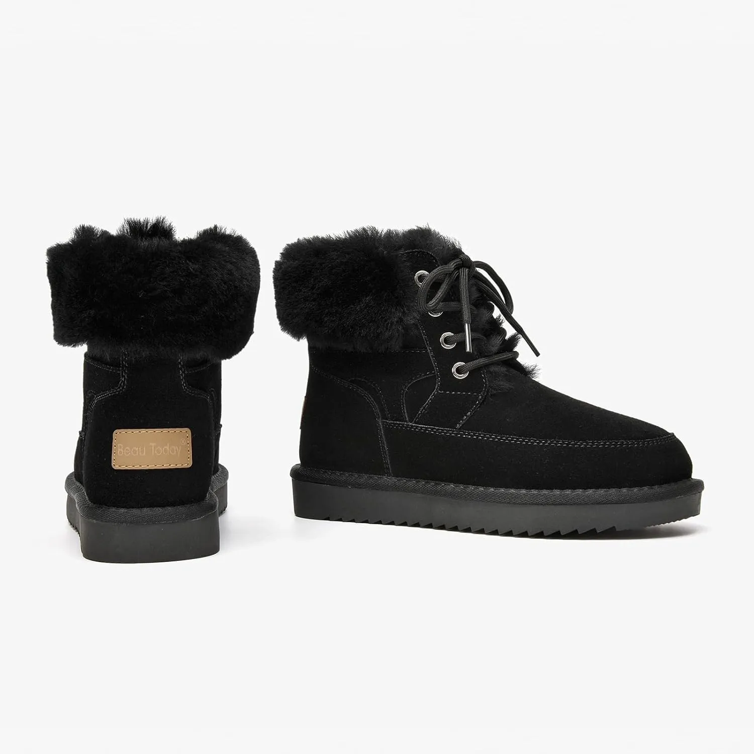 BEAU TODAY Womens Winter Snow Boots, Fur Lined Ankle Booties for Women, Chunky Platform Lace-up Boots Shoes Suede Leather Non-slip Warm Winter Shoes