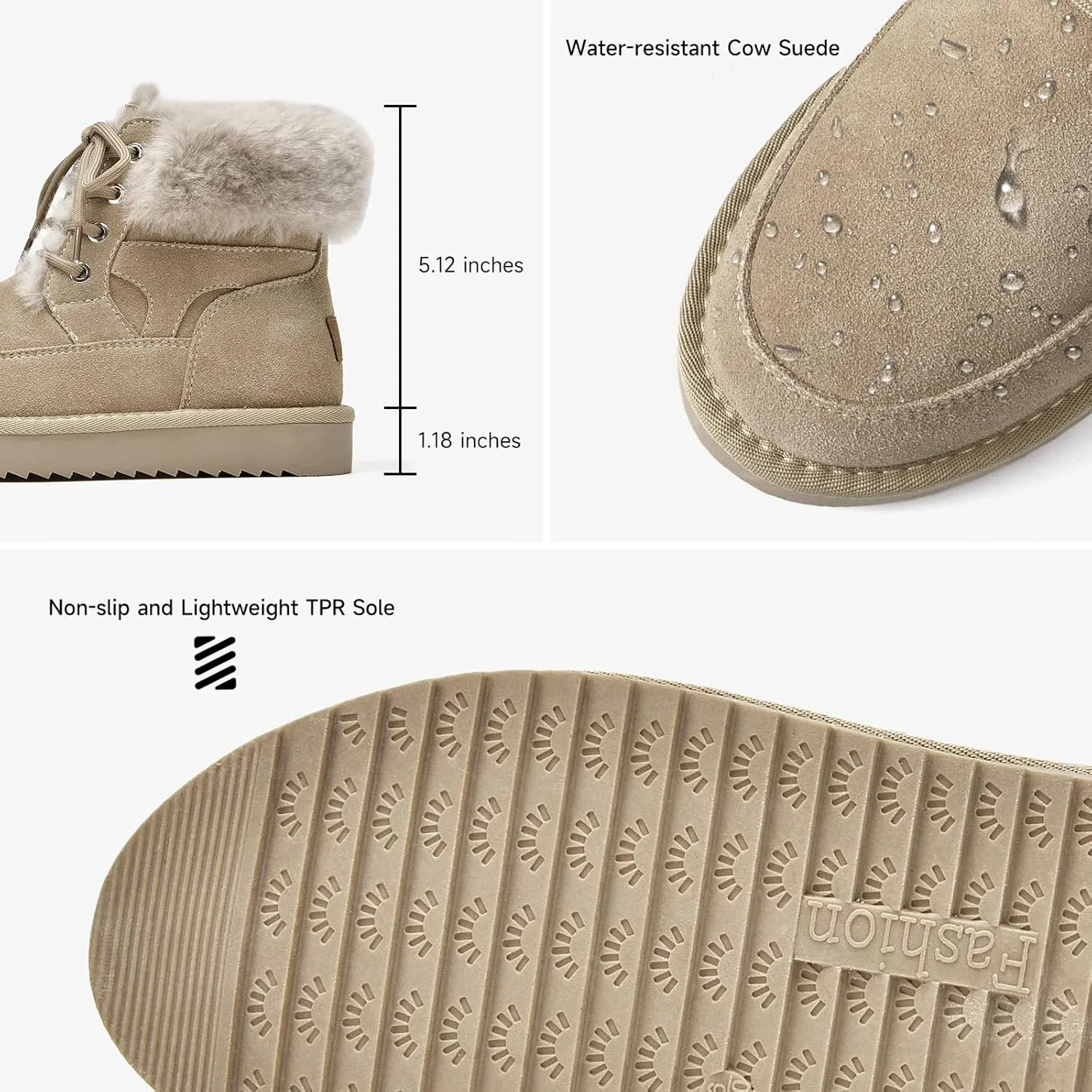 BEAU TODAY Womens Winter Snow Boots, Fur Lined Ankle Booties for Women, Chunky Platform Lace-up Boots Shoes Suede Leather Non-slip Warm Winter Shoes