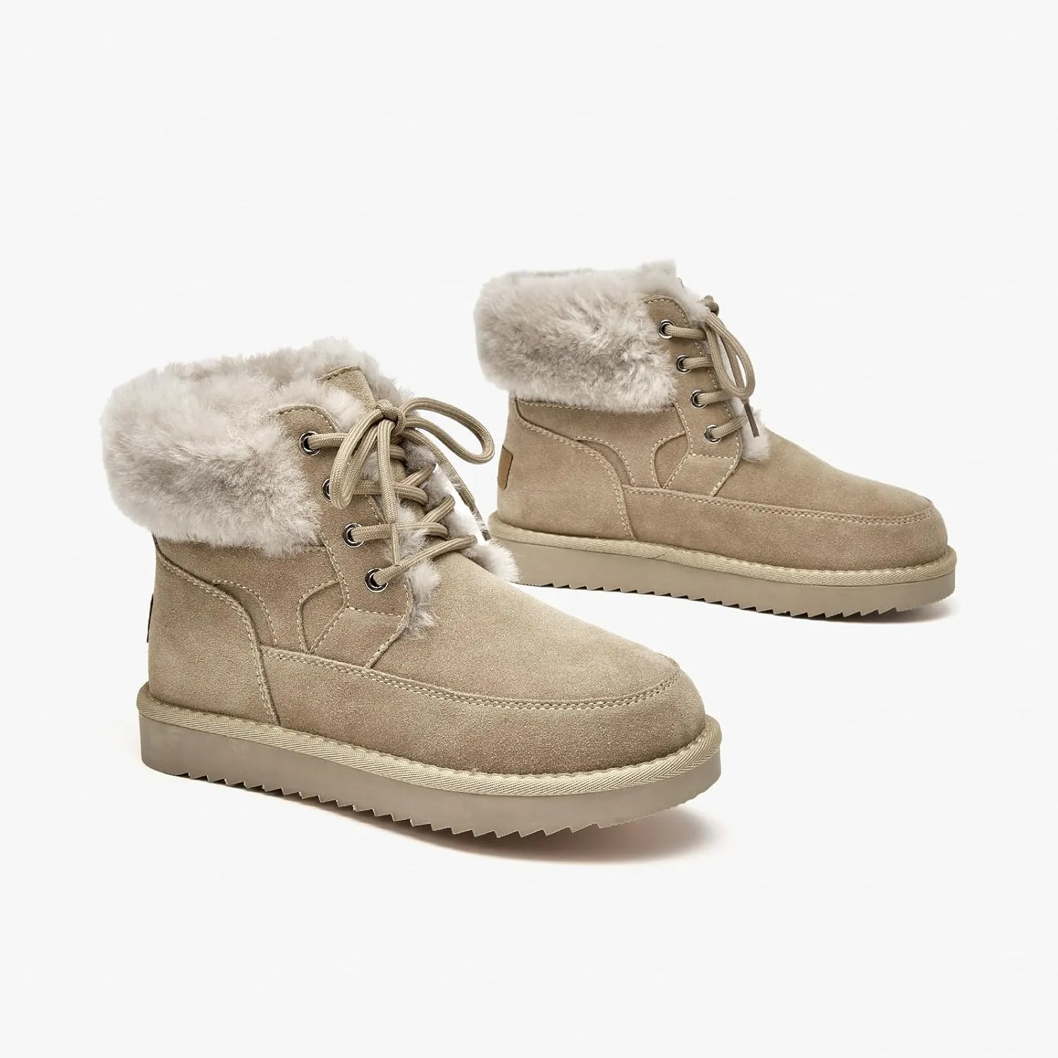 BEAU TODAY Womens Winter Snow Boots, Fur Lined Ankle Booties for Women, Chunky Platform Lace-up Boots Shoes Suede Leather Non-slip Warm Winter Shoes