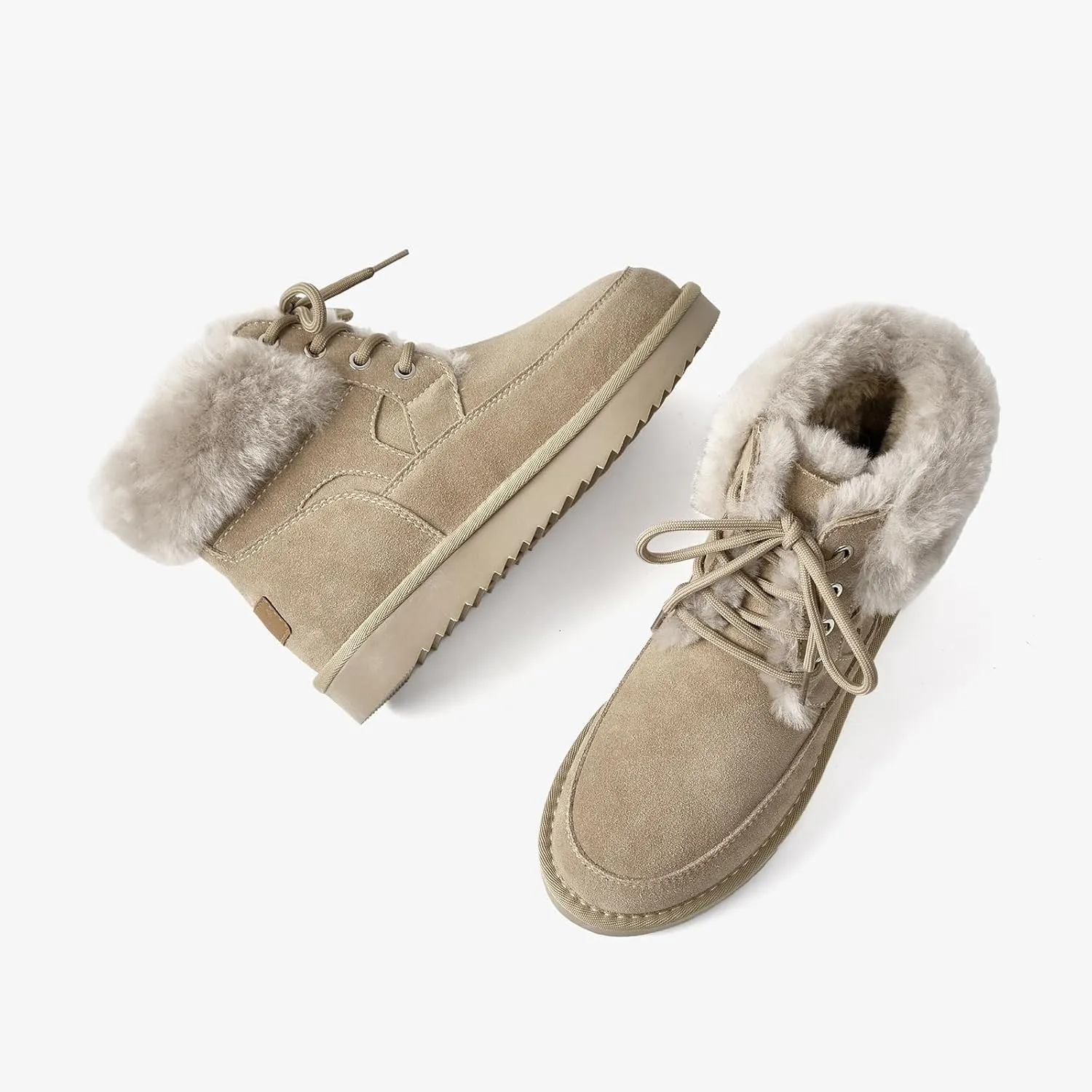 BEAU TODAY Womens Winter Snow Boots, Fur Lined Ankle Booties for Women, Chunky Platform Lace-up Boots Shoes Suede Leather Non-slip Warm Winter Shoes