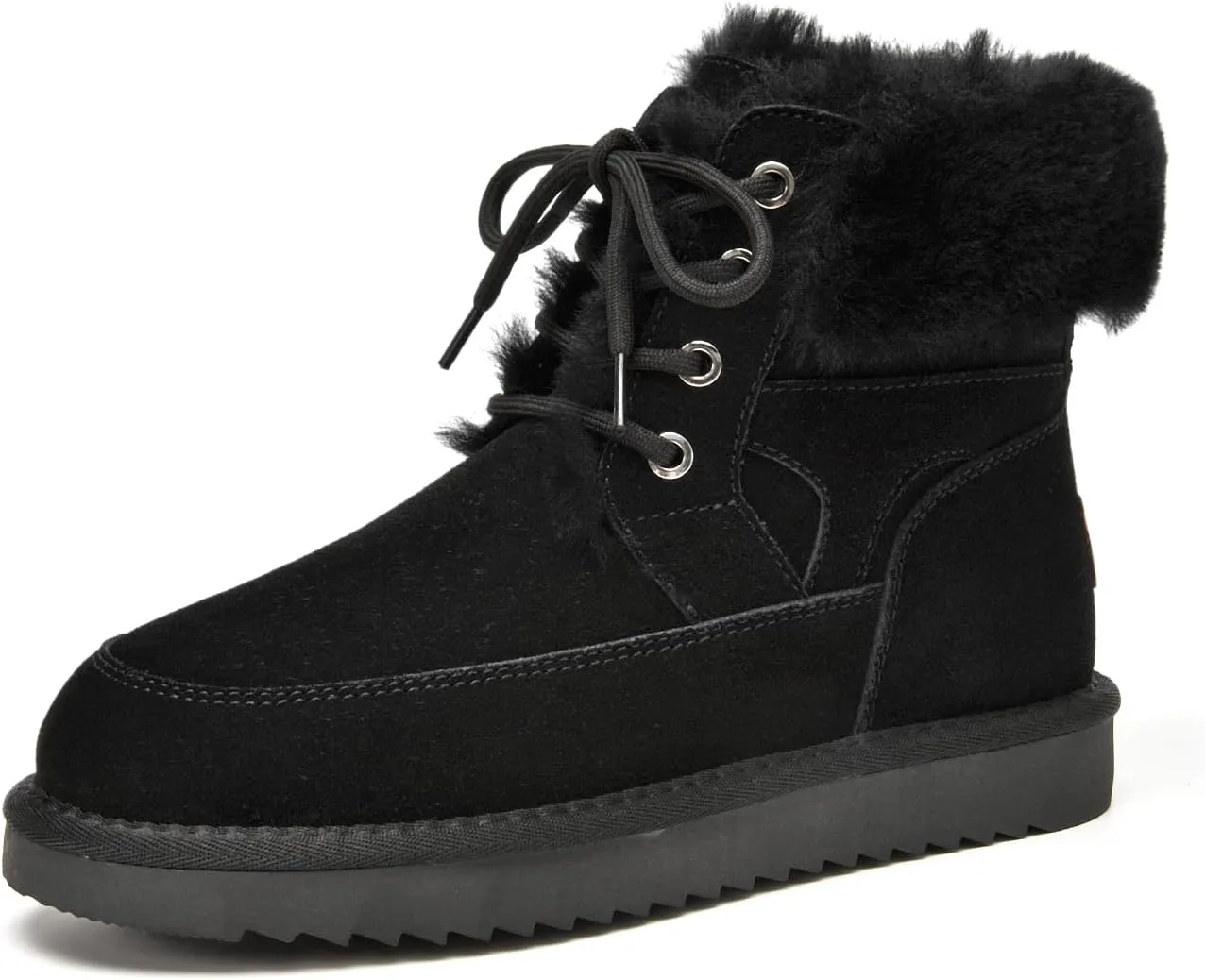 BEAU TODAY Womens Winter Snow Boots, Fur Lined Ankle Booties for Women, Chunky Platform Lace-up Boots Shoes Suede Leather Non-slip Warm Winter Shoes