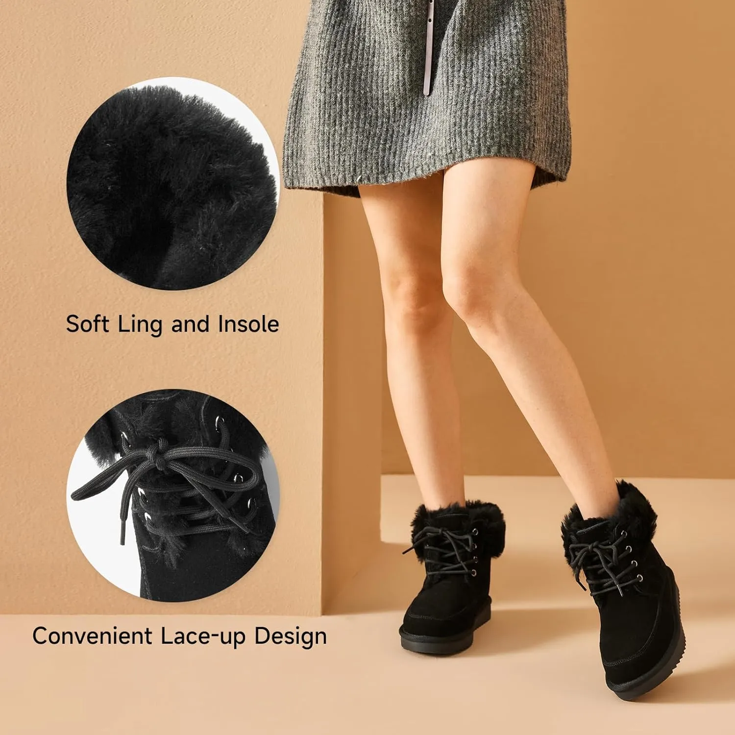 BEAU TODAY Womens Winter Snow Boots, Fur Lined Ankle Booties for Women, Chunky Platform Lace-up Boots Shoes Suede Leather Non-slip Warm Winter Shoes