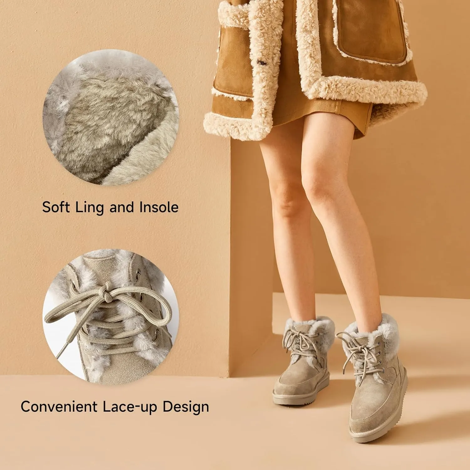 BEAU TODAY Womens Winter Snow Boots, Fur Lined Ankle Booties for Women, Chunky Platform Lace-up Boots Shoes Suede Leather Non-slip Warm Winter Shoes