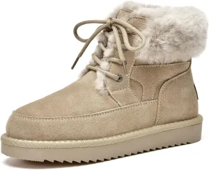 BEAU TODAY Womens Winter Snow Boots, Fur Lined Ankle Booties for Women, Chunky Platform Lace-up Boots Shoes Suede Leather Non-slip Warm Winter Shoes