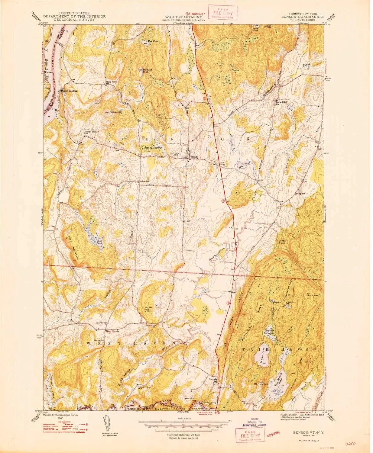 Benson VT topo map, 1:24000 Scale, 7.5 X 7.5 Minute, Historical, 1948, 26.7 x 22 in