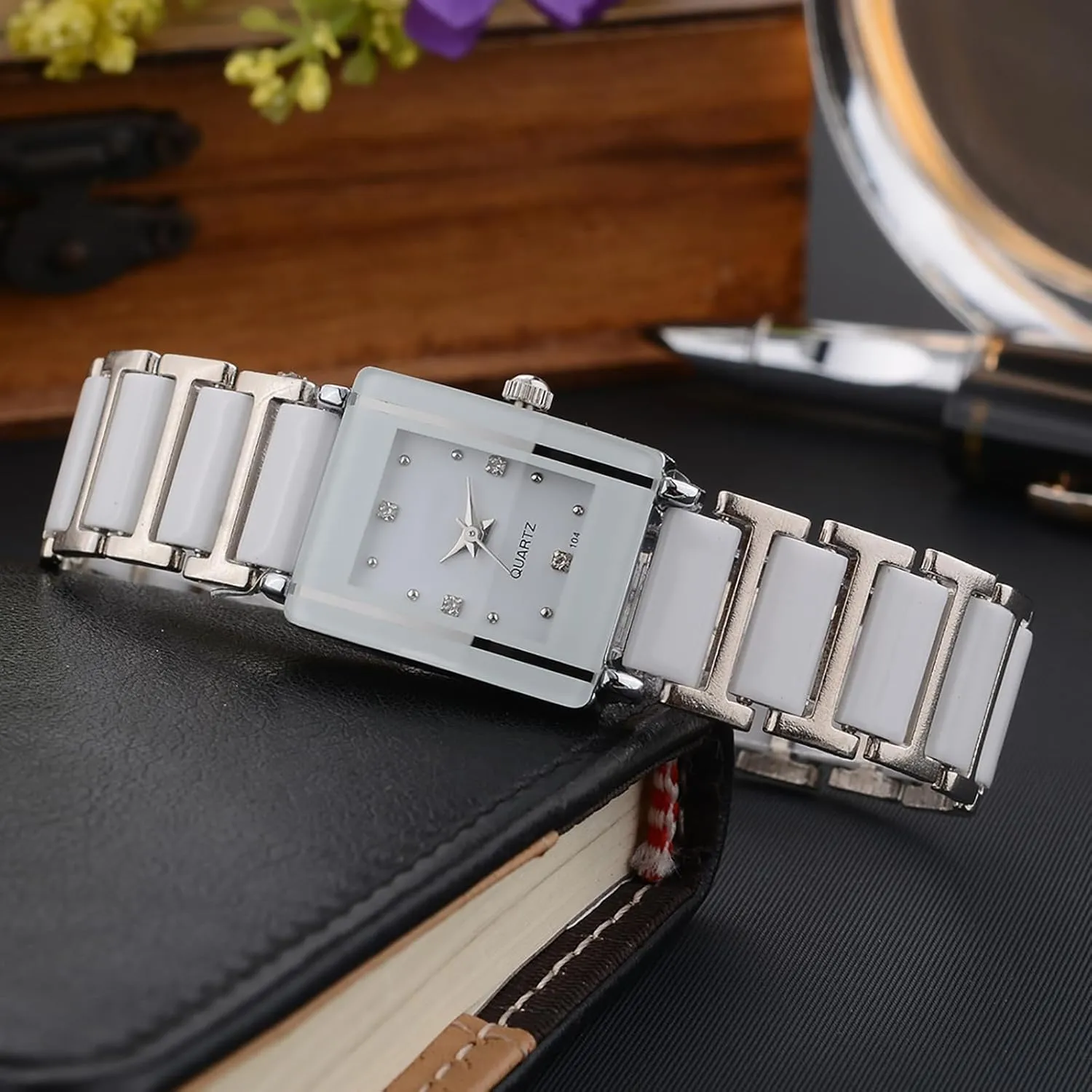 BESTKANG Vintage Square Ceramic Ladies Quartz Watch with Diamond Accents, Waterproof, Elegant Women's Wrist Watch