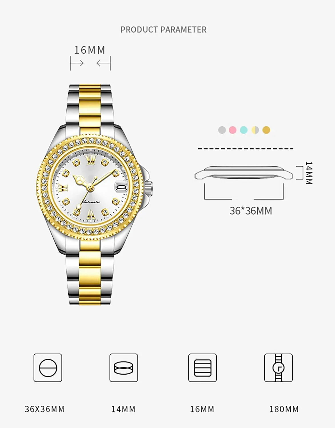 BESTKANG Womens Watches Automatic Mechanical Diamond Luxury Dress Classic Self Winding Stainless Steel Luminous Waterproof Date Wrist Watch