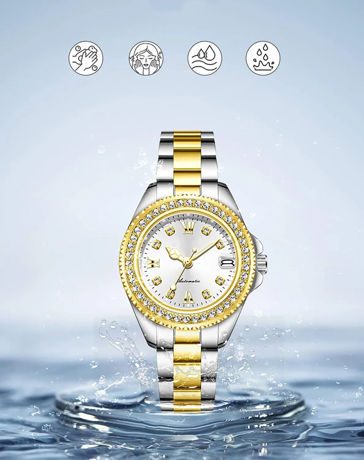 BESTKANG Womens Watches Automatic Mechanical Diamond Luxury Dress Classic Self Winding Stainless Steel Luminous Waterproof Date Wrist Watch