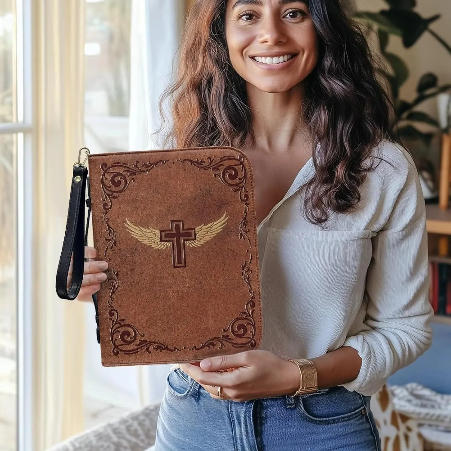 Bible Cover for Women Leather Carrying Book Case Church Bag for Bible Accessories with Handle and Ribbon