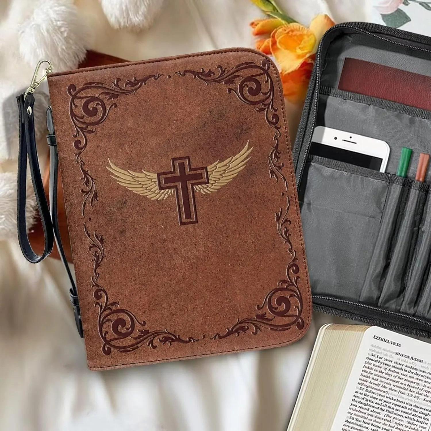 Bible Cover for Women Leather Carrying Book Case Church Bag for Bible Accessories with Handle and Ribbon