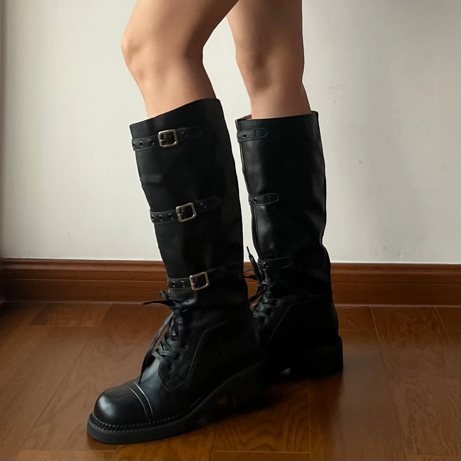 Black Adjustable Buckle Boots