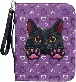 Black Cat Heart Print Leather Bible Cover for Women Men Stylish Bible Cover Bag Church Bag Bible with Durable Handle Scripture Bag for Church Durable Bible Gift, L