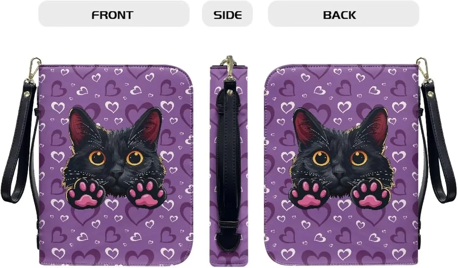 Black Cat Heart Print Leather Bible Cover for Women Men Stylish Bible Cover Bag Church Bag Bible with Durable Handle Scripture Bag for Church Durable Bible Gift, L