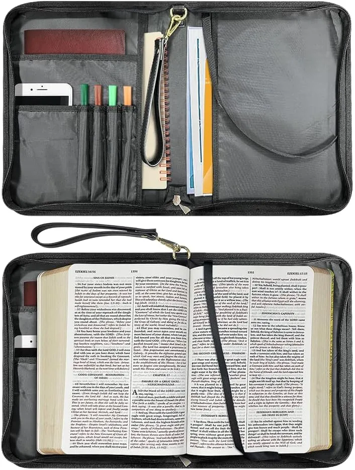 Black Cat Heart Print Leather Bible Cover for Women Men Stylish Bible Cover Bag Church Bag Bible with Durable Handle Scripture Bag for Church Durable Bible Gift, L