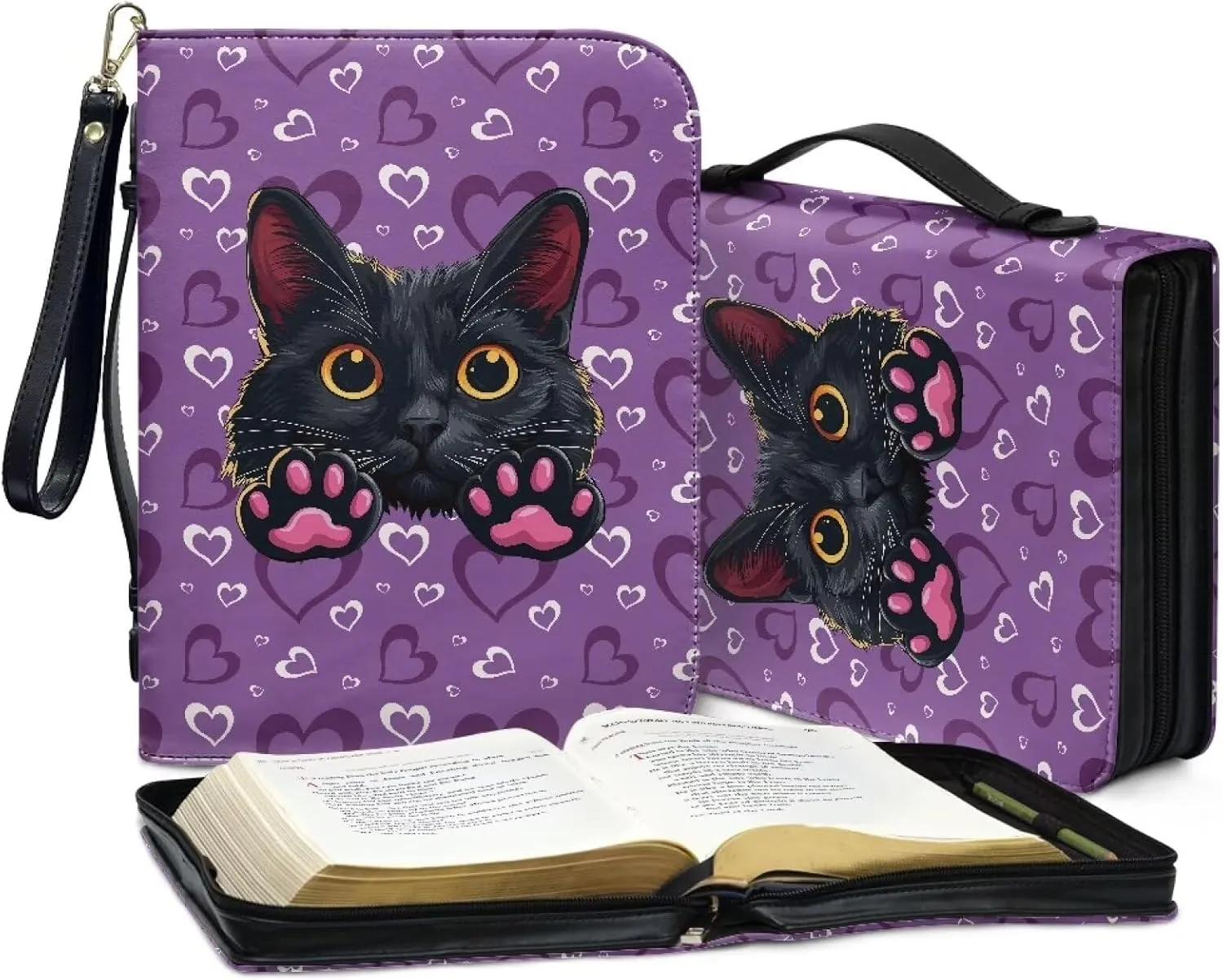 Black Cat Heart Print Leather Bible Cover for Women Men Stylish Bible Cover Bag Church Bag Bible with Durable Handle Scripture Bag for Church Durable Bible Gift, L