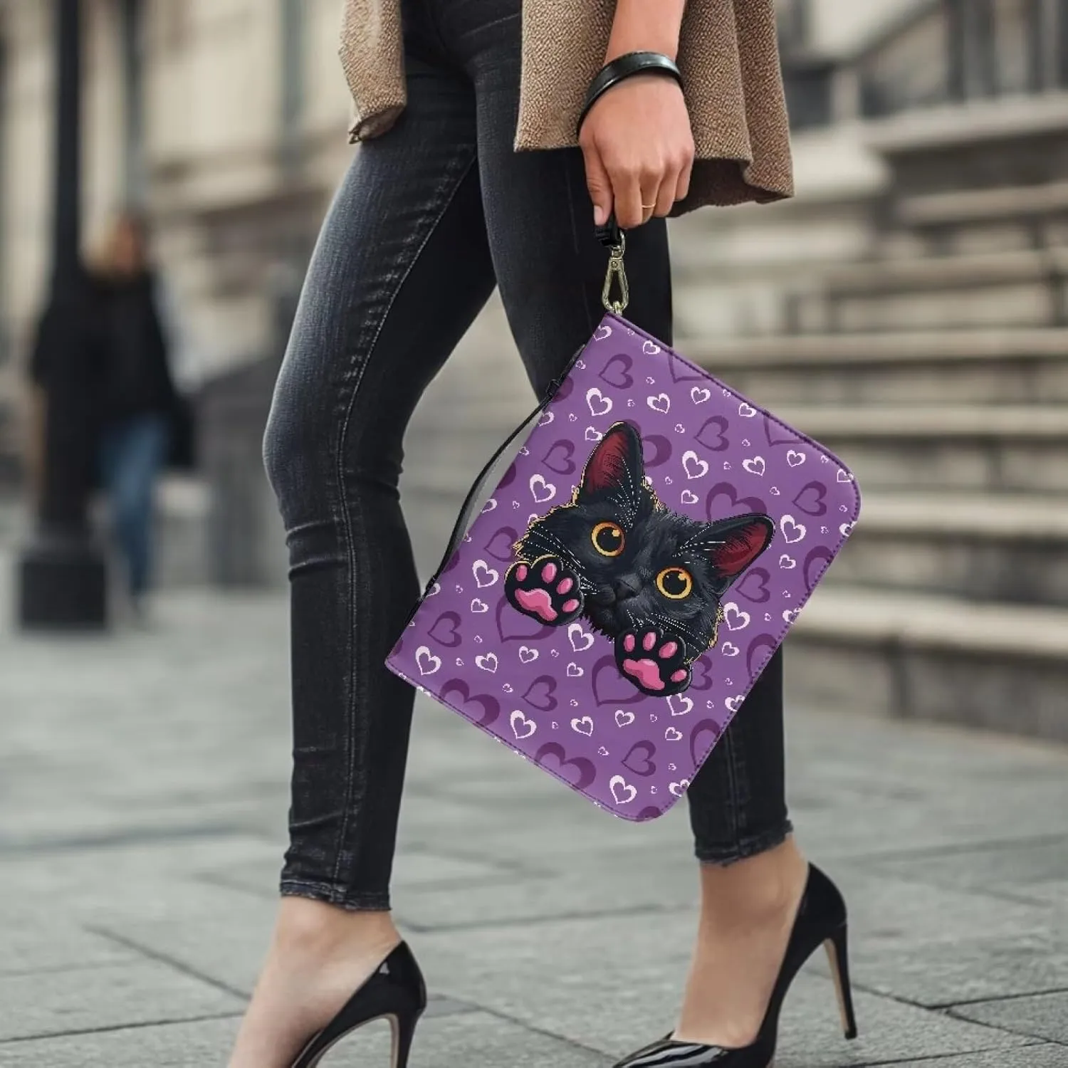 Black Cat Heart Print Leather Bible Cover for Women Men Stylish Bible Cover Bag Church Bag Bible with Durable Handle Scripture Bag for Church Durable Bible Gift, L