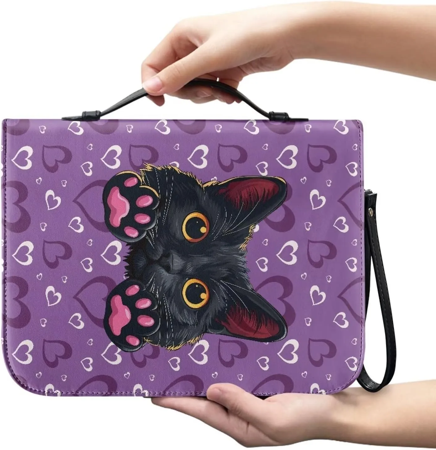 Black Cat Heart Print Leather Bible Cover for Women Men Stylish Bible Cover Bag Church Bag Bible with Durable Handle Scripture Bag for Church Durable Bible Gift, L