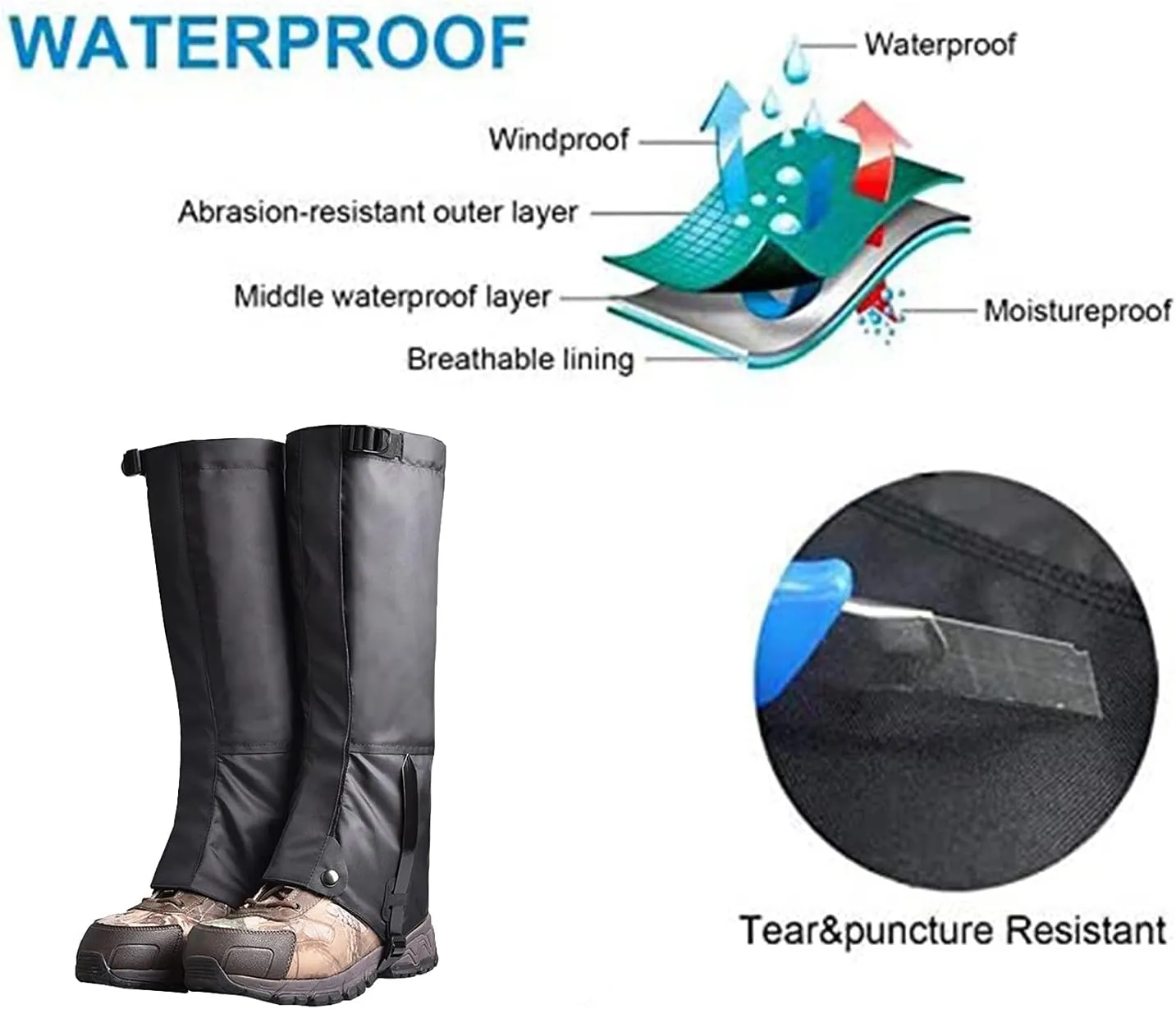 Black Leg Gaiters, Adjustable Hiking Boots Leggings, Oxford Waterproof Heavy-Duty Leg Boots Bite-Resistant Desert Jungle Camping Snow Boots Leggings (Color : Black, Size : Medium)