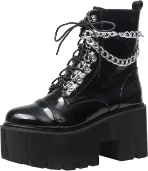 Black Platform Boots for Women with Fashion Chain Chunky Heeled Studded Combat Boots Lace Up and Zipper Goth emo Shoes Cosplay Halloween Ankle Booties for Daughter