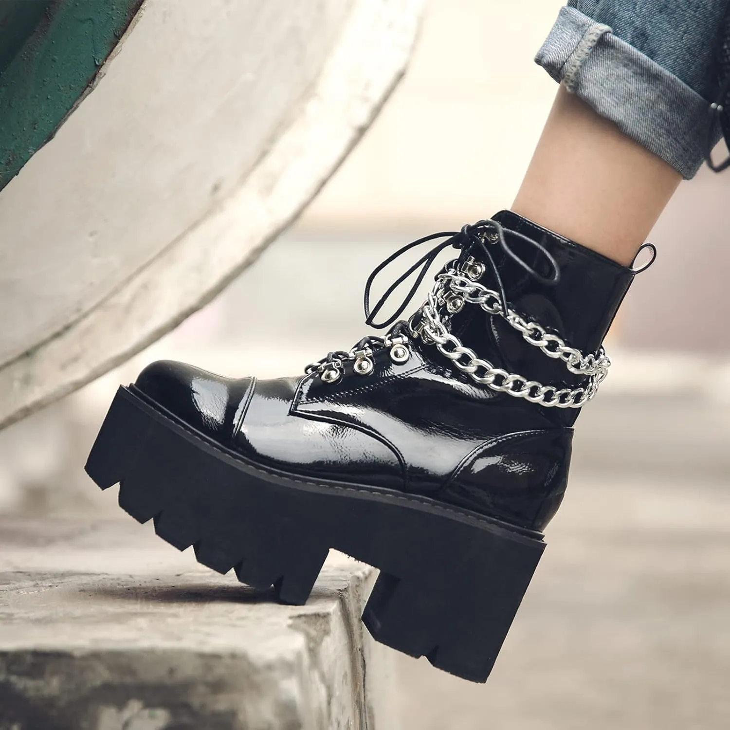 Black Platform Boots for Women with Fashion Chain Chunky Heeled Studded Combat Boots Lace Up and Zipper Goth emo Shoes Cosplay Halloween Ankle Booties for Daughter