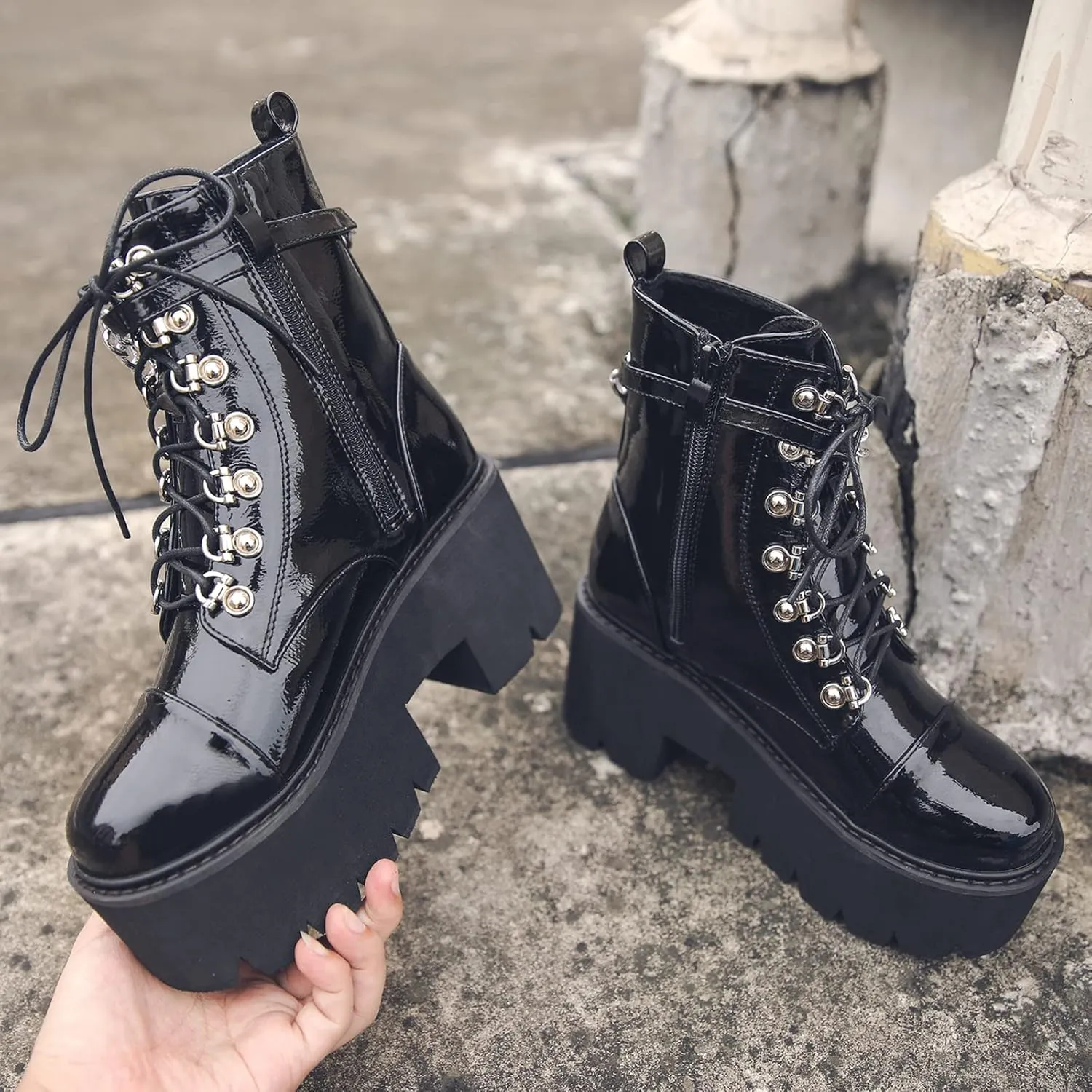 Black Platform Boots for Women with Fashion Chain Chunky Heeled Studded Combat Boots Lace Up and Zipper Goth emo Shoes Cosplay Halloween Ankle Booties for Daughter