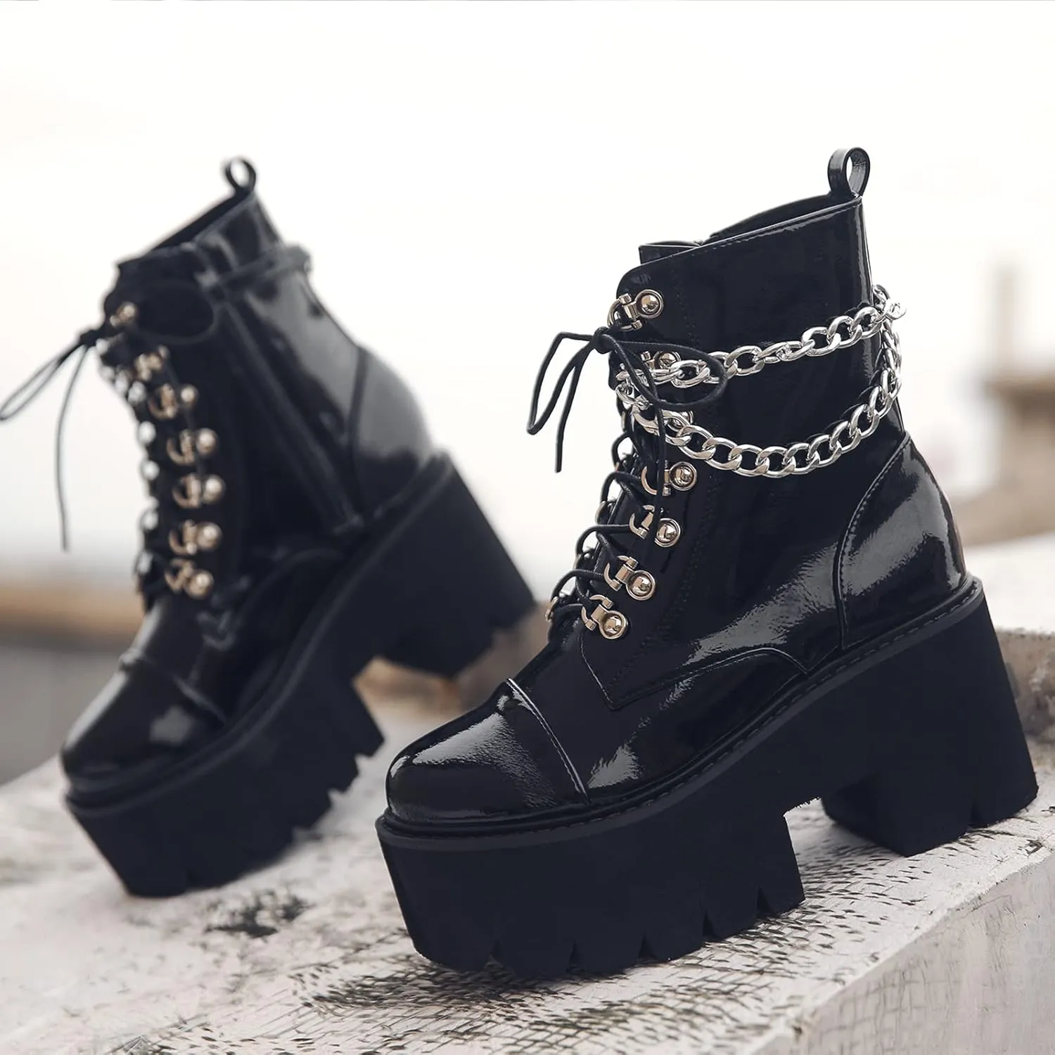 Black Platform Boots for Women with Fashion Chain Chunky Heeled Studded Combat Boots Lace Up and Zipper Goth emo Shoes Cosplay Halloween Ankle Booties for Daughter