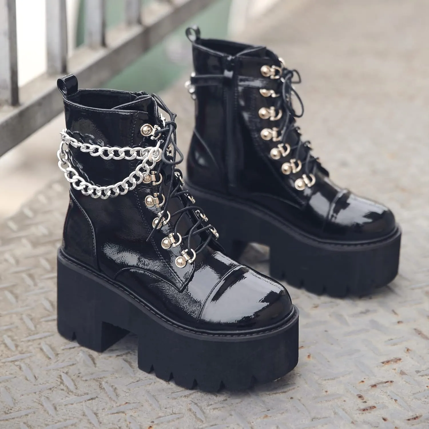 Black Platform Boots for Women with Fashion Chain Chunky Heeled Studded Combat Boots Lace Up and Zipper Goth emo Shoes Cosplay Halloween Ankle Booties for Daughter