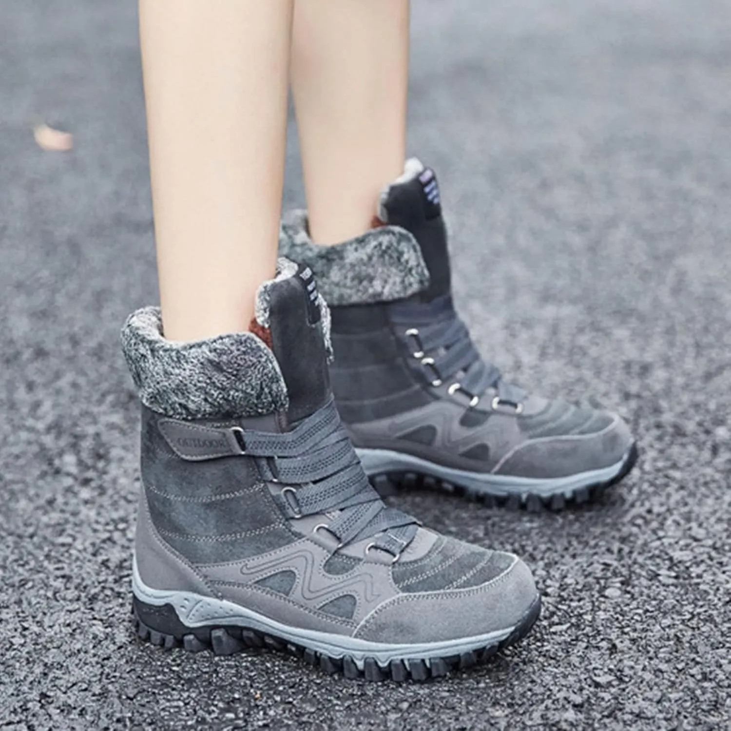 BlackeEight Women's Winter Outdoor Mid-Calf Hiking Boots,Waterproof Non-Slip Warm Fur Lined Adjustable Tracks Suede Snow Ankle Booties