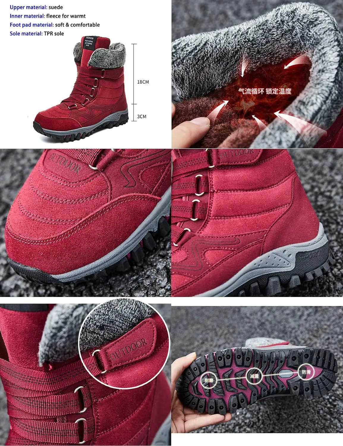BlackeEight Women's Winter Outdoor Mid-Calf Hiking Boots,Waterproof Non-Slip Warm Fur Lined Adjustable Tracks Suede Snow Ankle Booties
