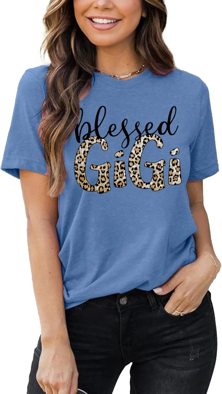 Blessed Gigi Shirts for Grandma T-Shirt Women Leopard Print Graphic Tshirts Tops Mimi Gigi Tees Shirt