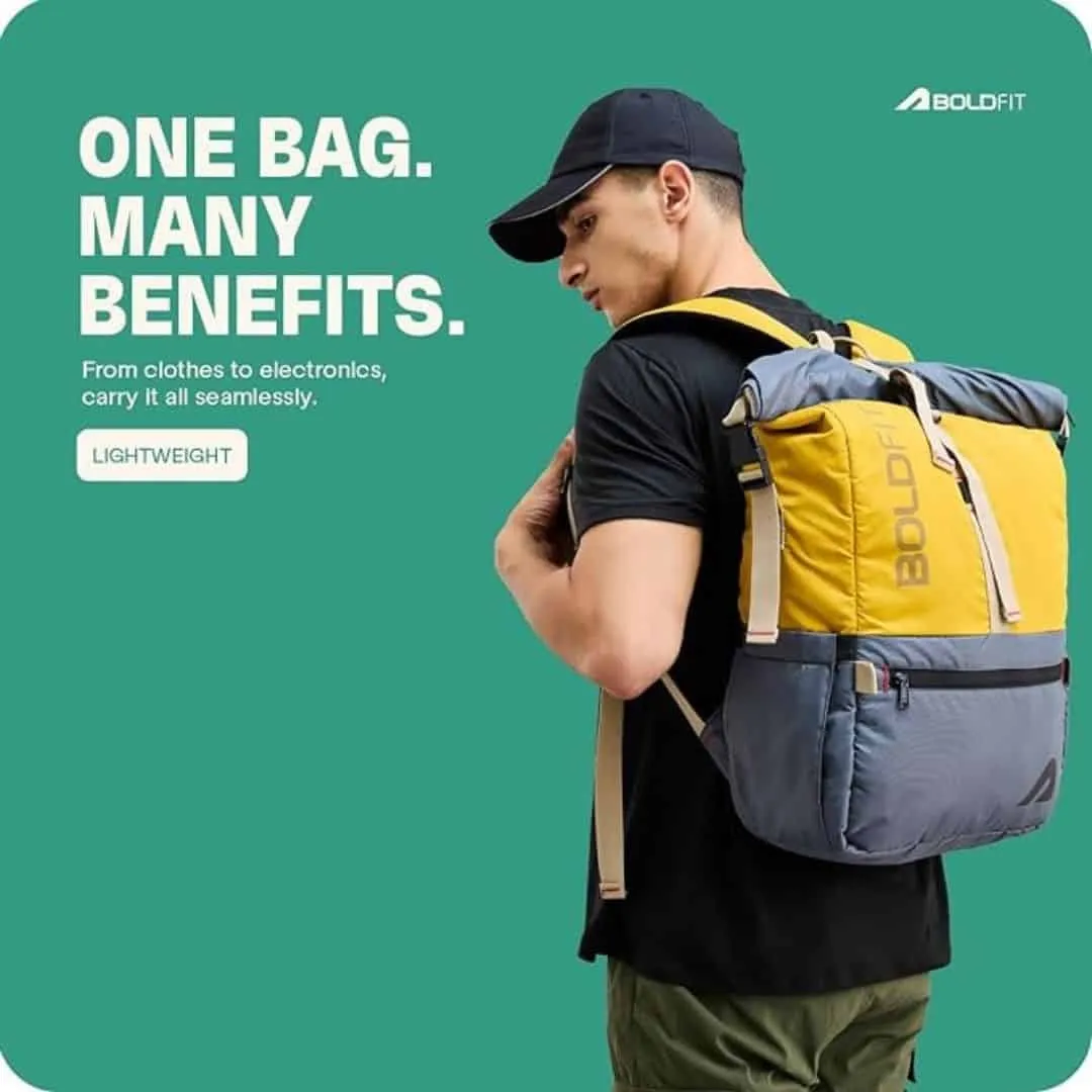Boldfit Rolltop Bags for Mens 45 Ltrs  Unfolded Overnight Backpack YellowGrey