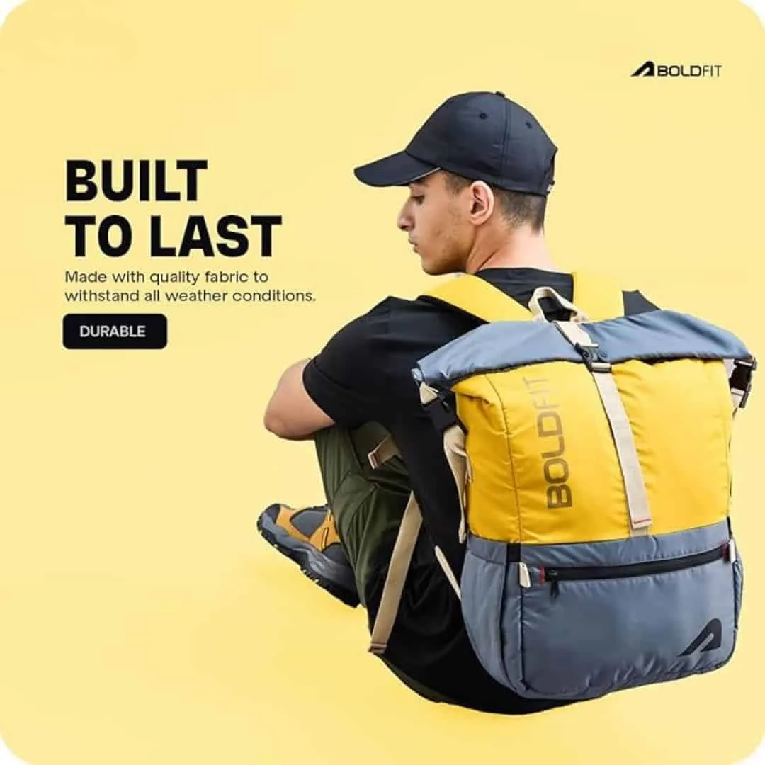 Boldfit Rolltop Bags for Mens 45 Ltrs  Unfolded Overnight Backpack YellowGrey