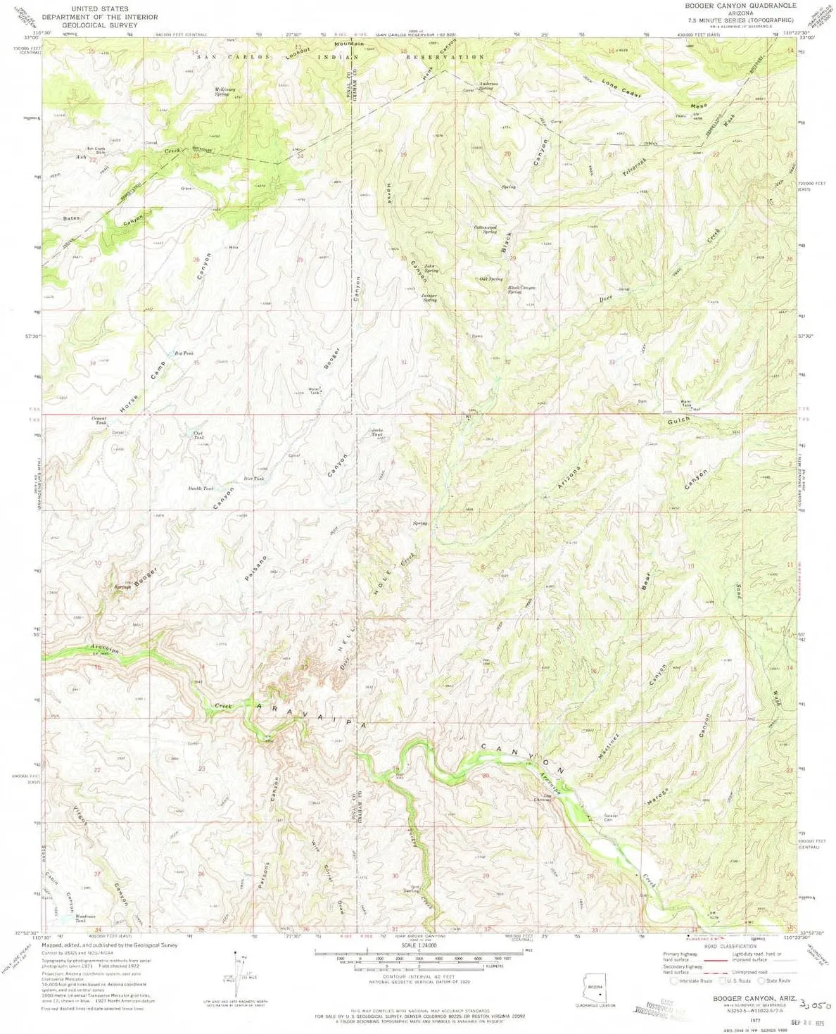 Booger Canyon AZ topo map, 1:24000 Scale, 7.5 X 7.5 Minute, Historical, 1972, Updated 1975, 26.8 x 22 in