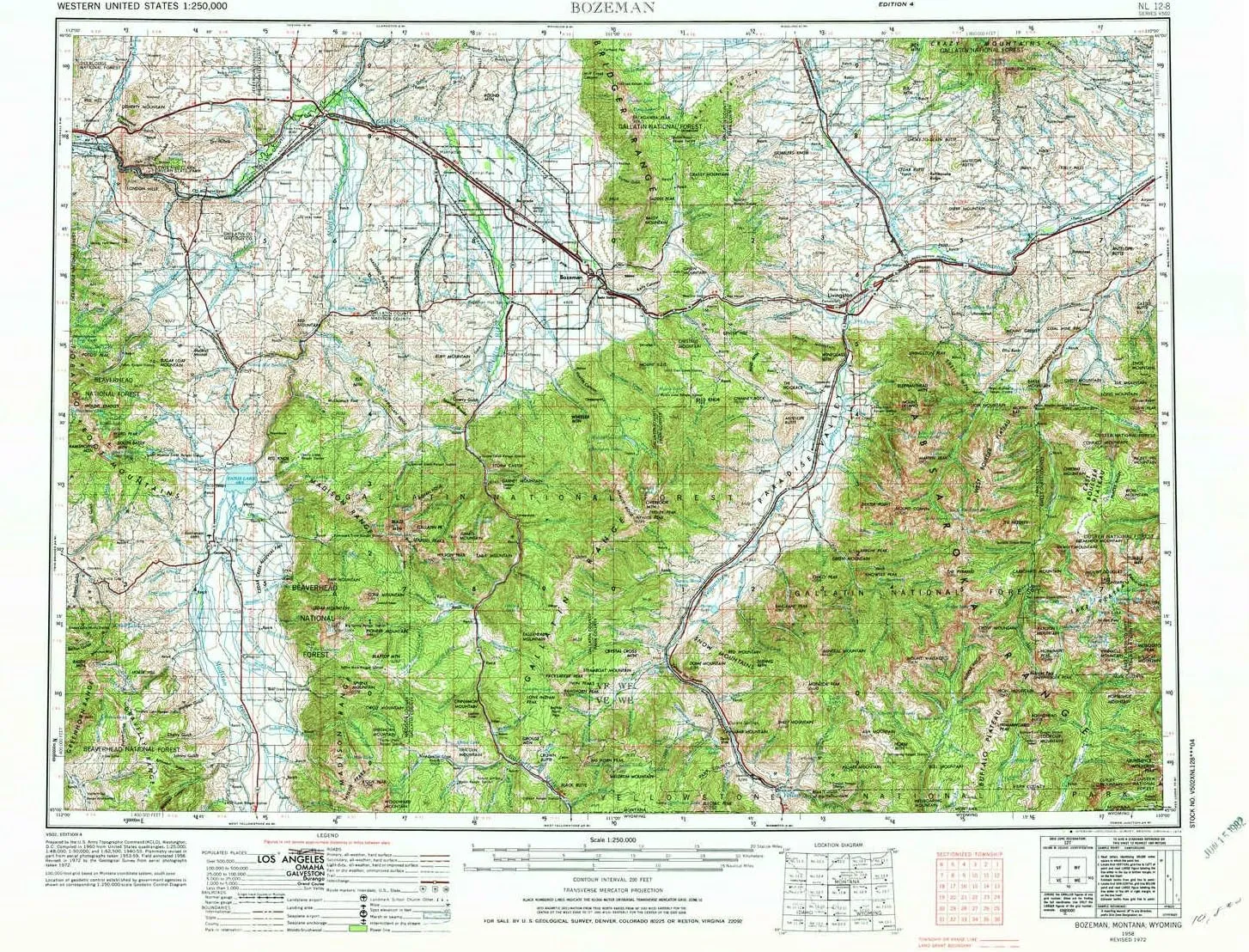 Bozeman MT topo map, 1:250000 Scale, 1 X 2 Degree, Historical, 1958, Updated 1974, 22.1 x 29.1 in