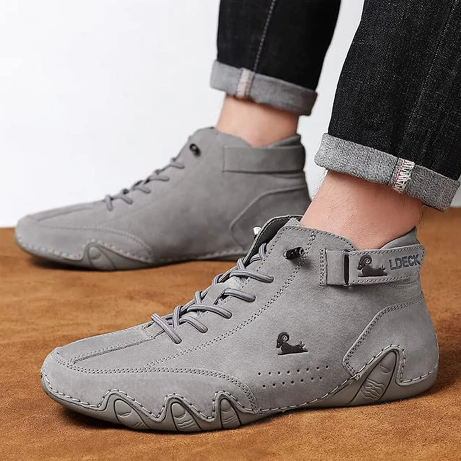 Braised Pork Italian Handmade Suede High Boots,Men's Soft Leather Casual Sneakers Non-Slip Breathable High Boots (US-11.5,Gray)