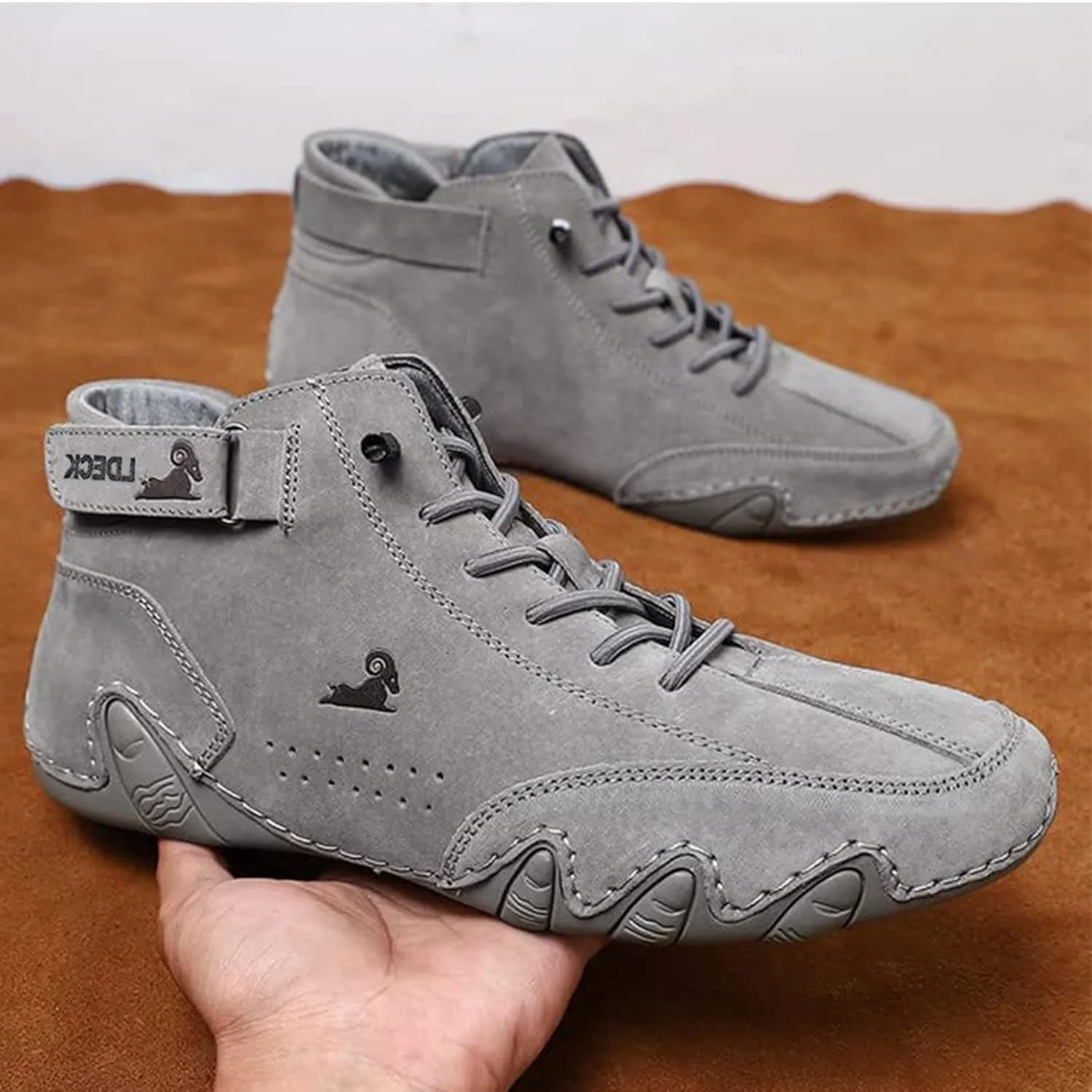 Braised Pork Italian Handmade Suede High Boots,Men's Soft Leather Casual Sneakers Non-Slip Breathable High Boots (US-11.5,Gray)