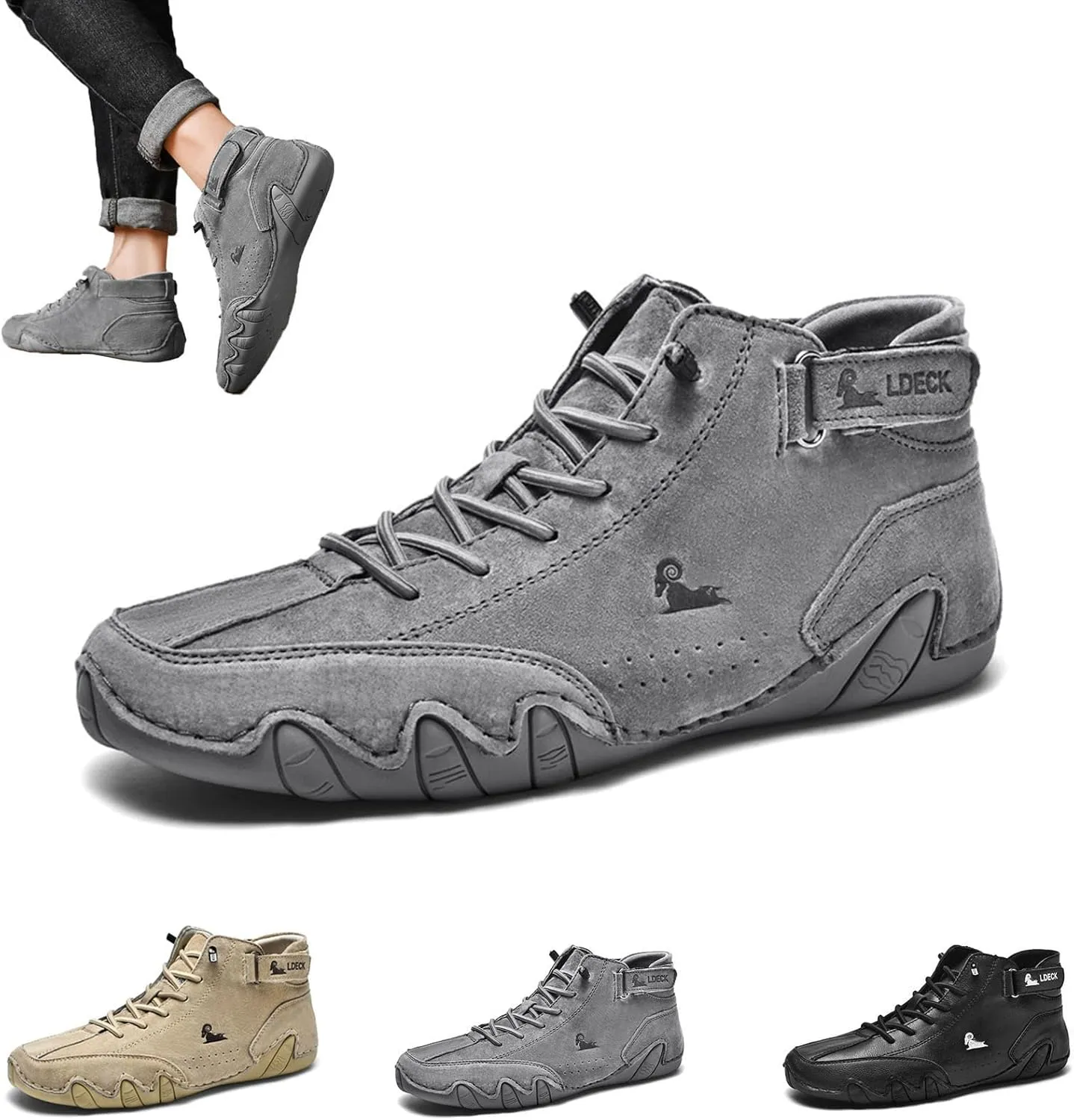 Braised Pork Italian Handmade Suede High Boots,Men's Soft Leather Casual Sneakers Non-Slip Breathable High Boots (US-11.5,Gray)