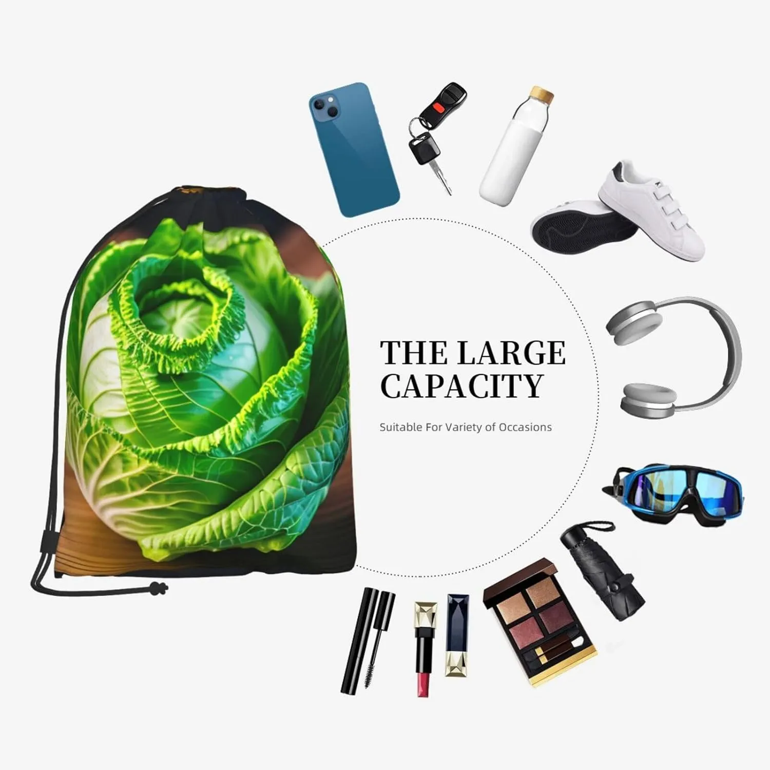 Bright Cabbage Drawstring Cinch Backpack Polyester Sack Pack String Bag For Hiking Camping Adventure