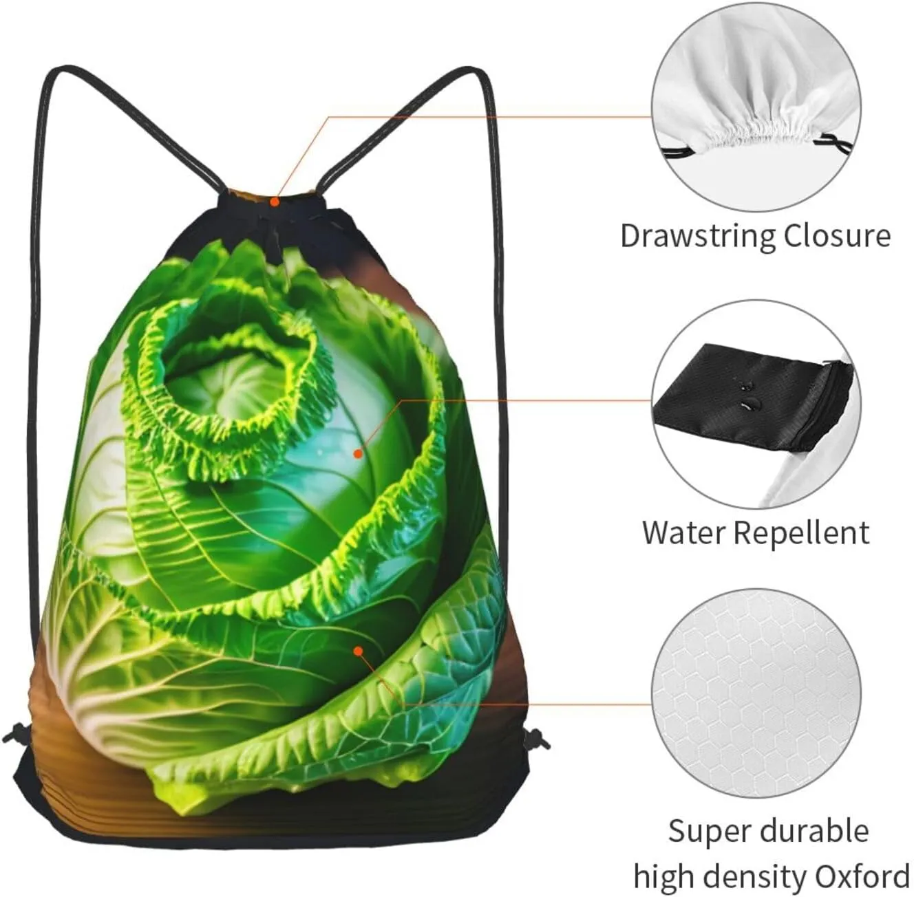 Bright Cabbage Drawstring Cinch Backpack Polyester Sack Pack String Bag For Hiking Camping Adventure