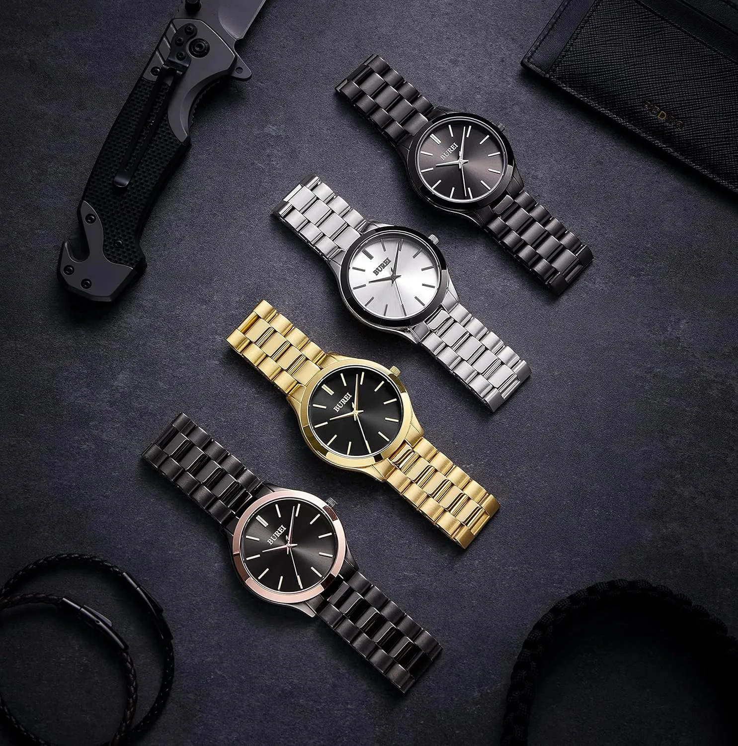 BUREI Men Watches Fashion Business Analog Stainless Steel Quartz Waterproof Watches for Men