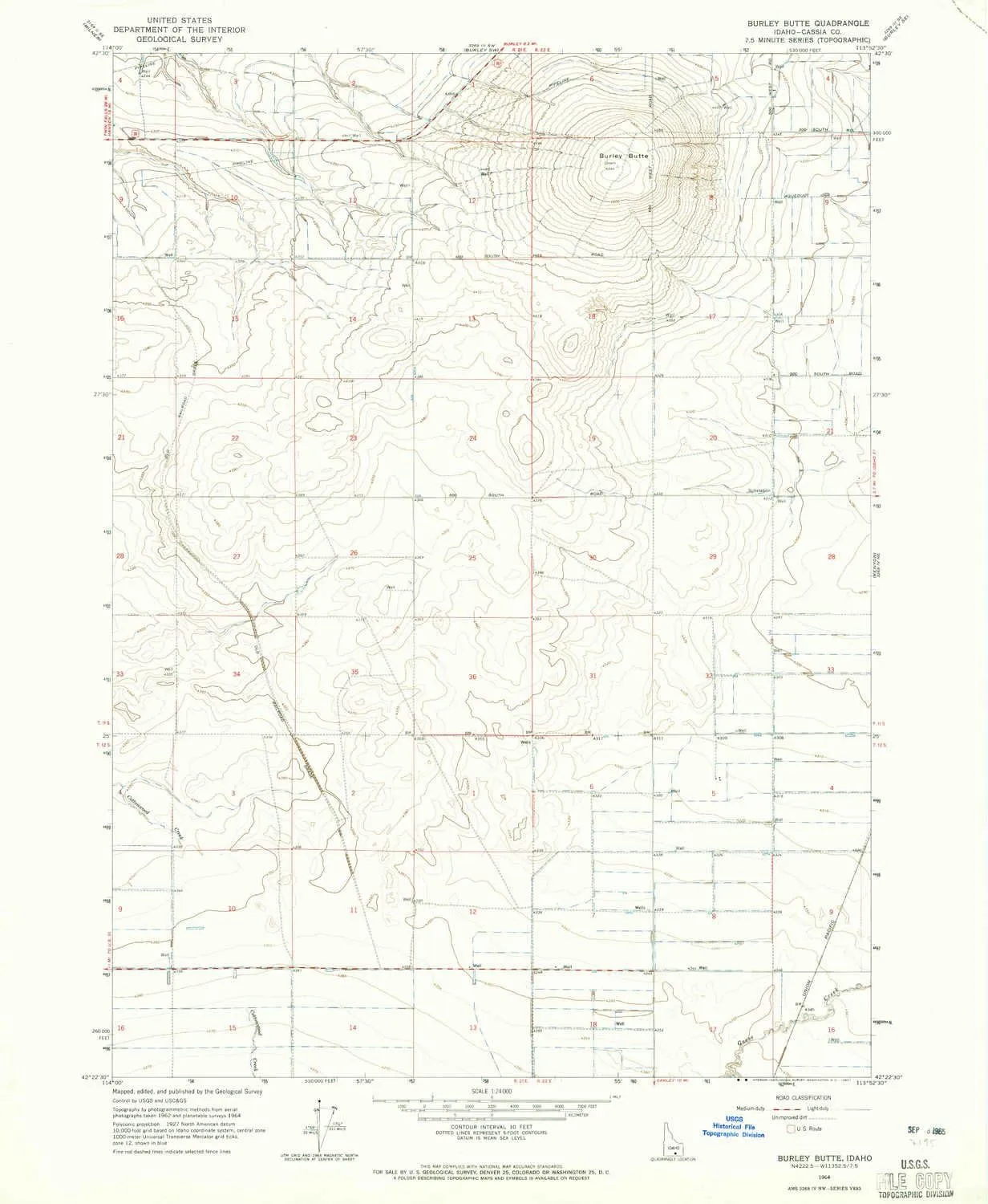 Burley Butte ID topo map, 1:24000 Scale, 7.5 X 7.5 Minute, Historical, 1964, Updated 1965, 26.8 x 22 in