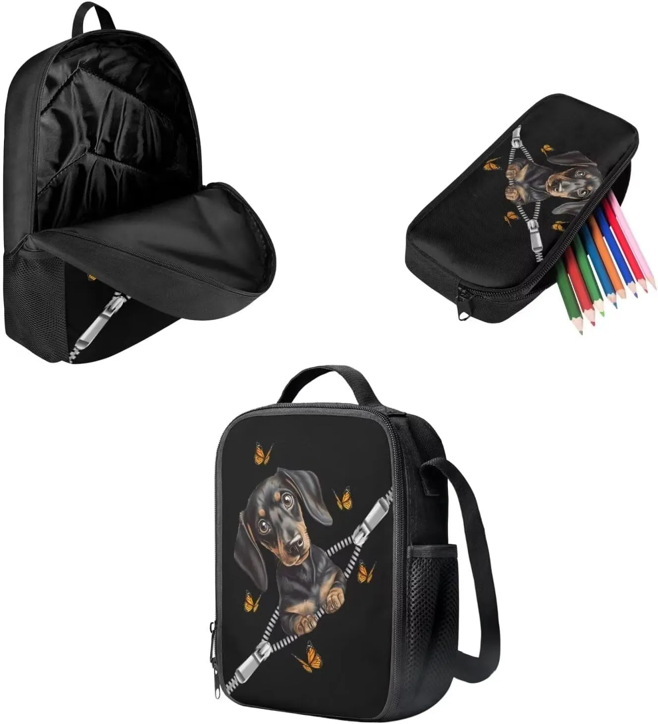 Butterfly Dog Backpack 17 Inches for Kids Schoolbag Lightweight Lunch Box for Food Pen Bags 3 pcs Suitable for over 3 Years Old Child