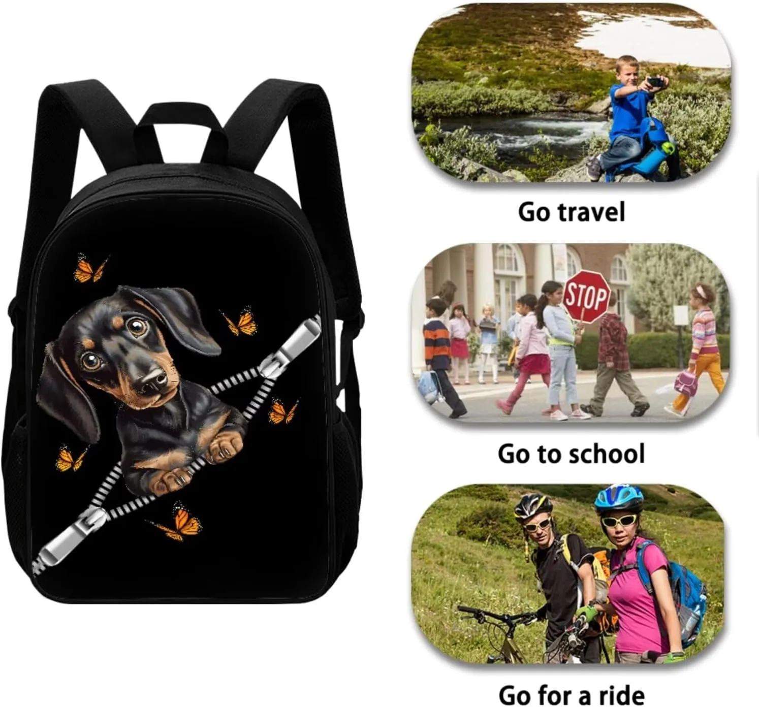 Butterfly Dog Backpack 17 Inches for Kids Schoolbag Lightweight Lunch Box for Food Pen Bags 3 pcs Suitable for over 3 Years Old Child