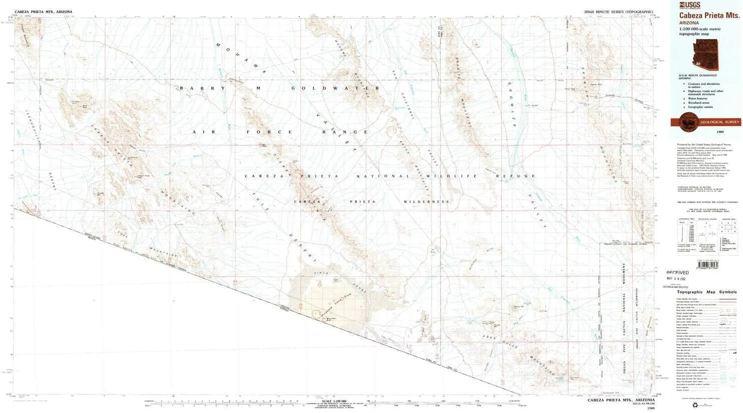 Cabeza Prieta MTS AZ topo map, 1:100000 Scale, 30 X 60 Minute, Historical, 1980, Updated 1996, 24.1 x 43.5 in